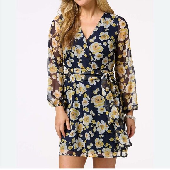 Cato Navy Floral Faux Wrap Mini Dress W/ Sheer Sleeves -SZ 14 - XL - Picture 1 of 5
